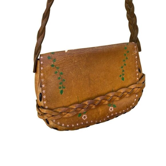Vintage 70’s Leather Crossbody Boho Hippie Purse Handbag Painted Floral Design - Picture 1 of 13